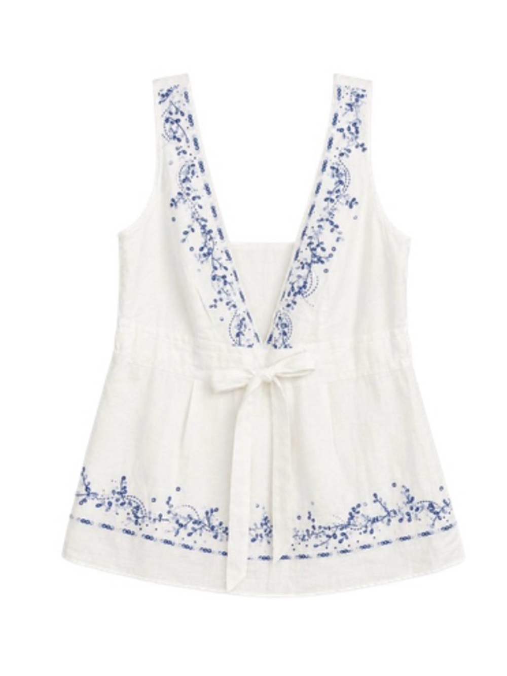 Ann Taylor White Camisole with Blue Embroidered V-Neck and Tie-Waist